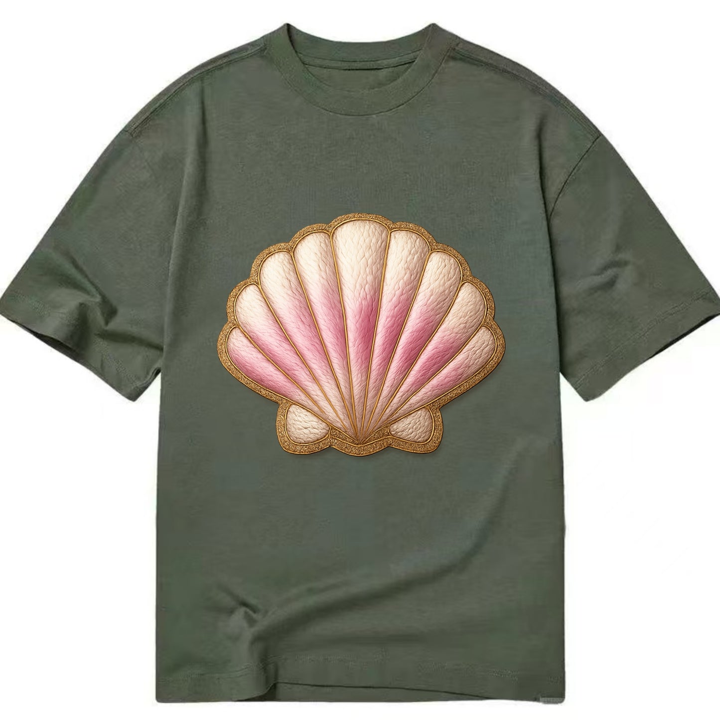 SEASHELL SCALLOP - scallop shell in cream and pink , beach - Classic T-shirt - Army Green