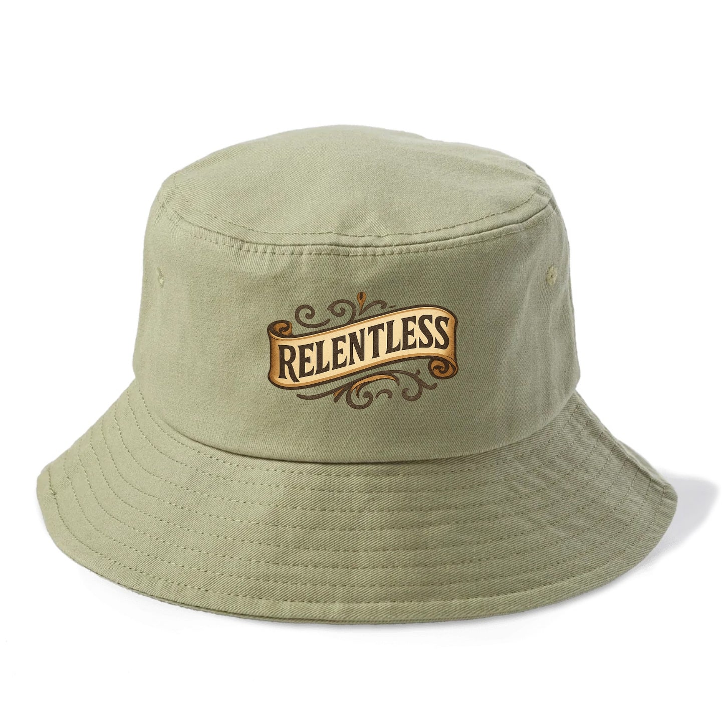Bold typography design - "RELENTLESS" - never giving up, persistent pursuit - Bucket Hat - Army Green
