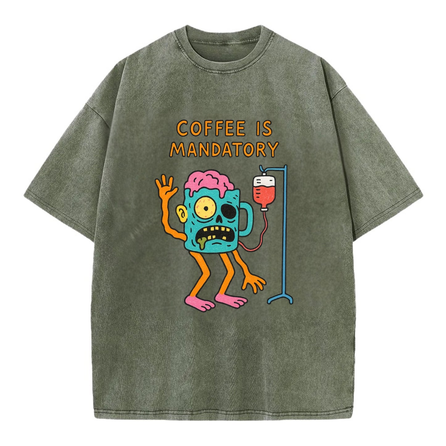 COFFEE IS MANDATORY | Zombie mug with IV drip - Vintage T-shirt - Army Green