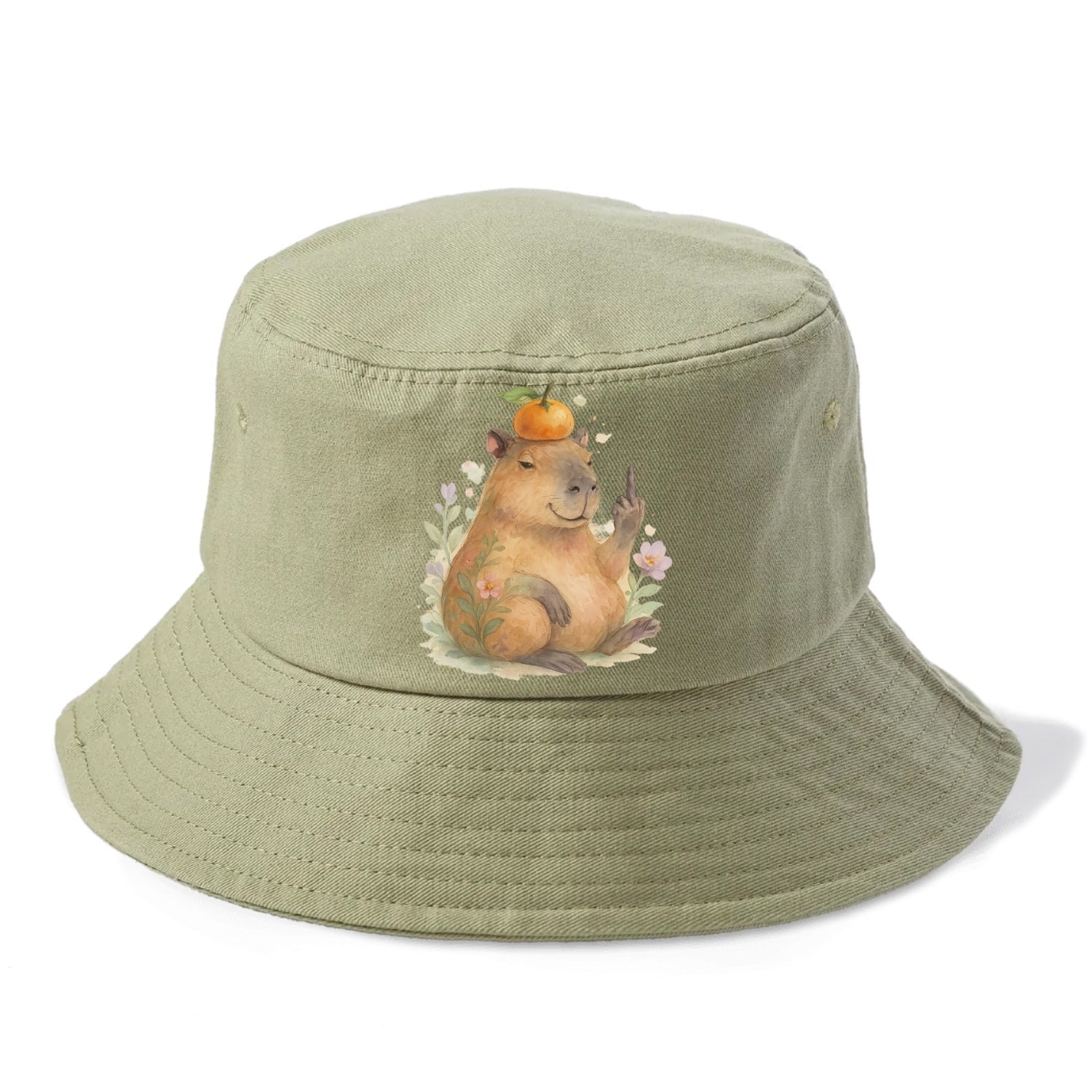 chonky capybara relaxing with orange on head, one webbed middle finger up - Bucket Hat - Army Green