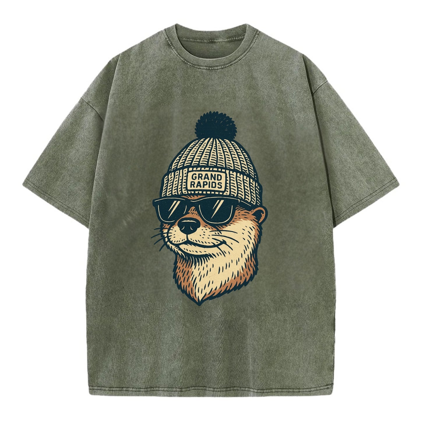 Grand Rapids River Otter wearing Grand Rapids beanie with pom pom and wayfarer - Vintage T-shirt - Army Green