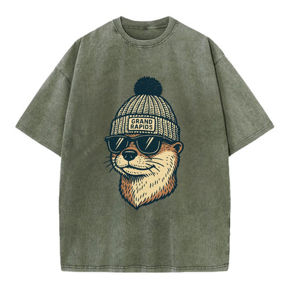Grand Rapids River Otter wearing Grand Rapids beanie with pom pom and wayfarer - Vintage T-shirt - Army Green