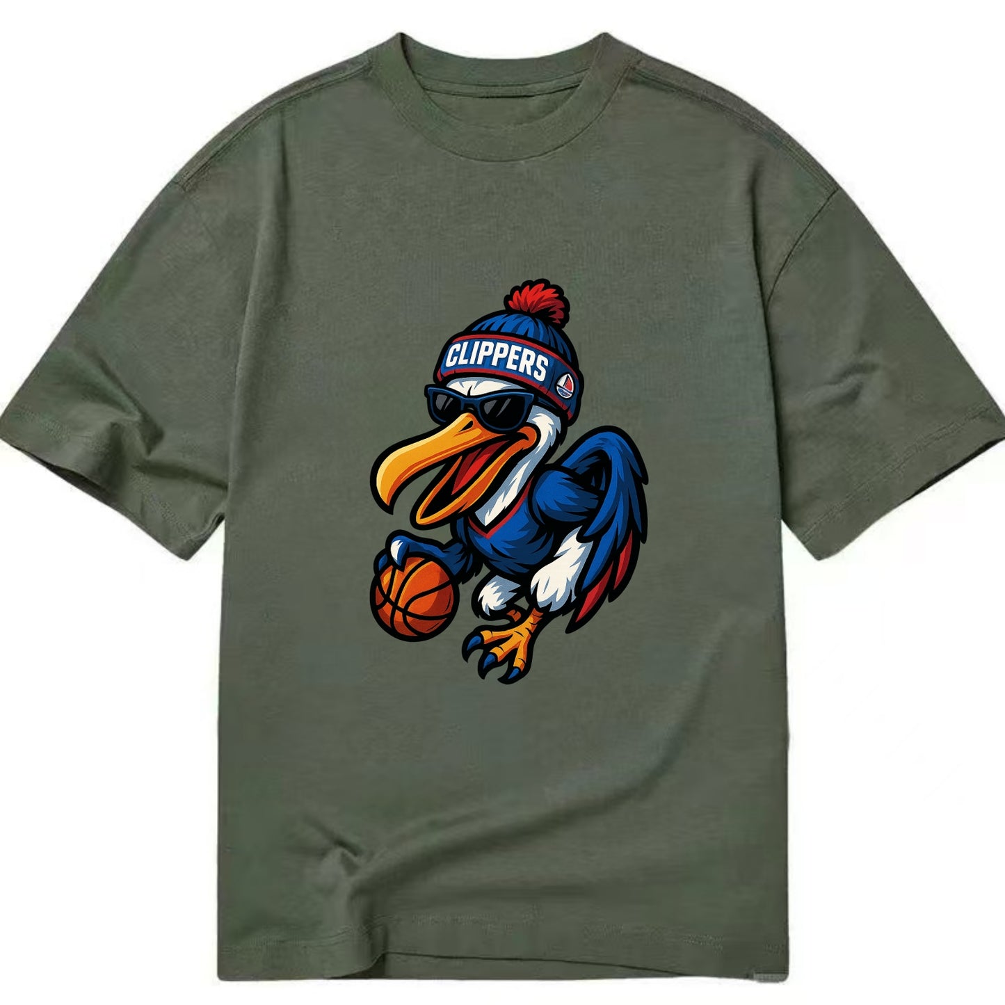 Los Angeles Pelican wearing Clippers beanie with sailboat patch and wayfarer - Classic T-shirt - Army Green
