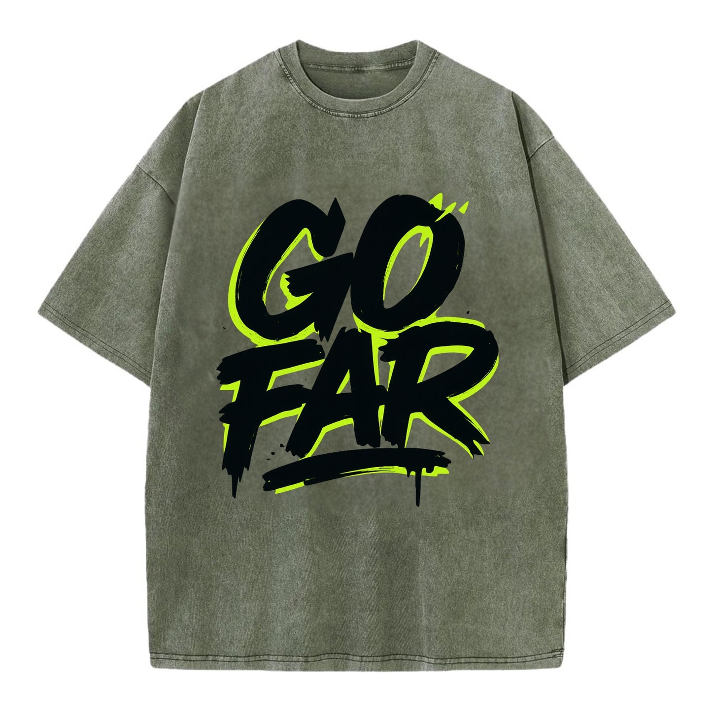 Bold typography design - "GO FAR" - distance goals, pushing limits - Vintage T-shirt - Army Green