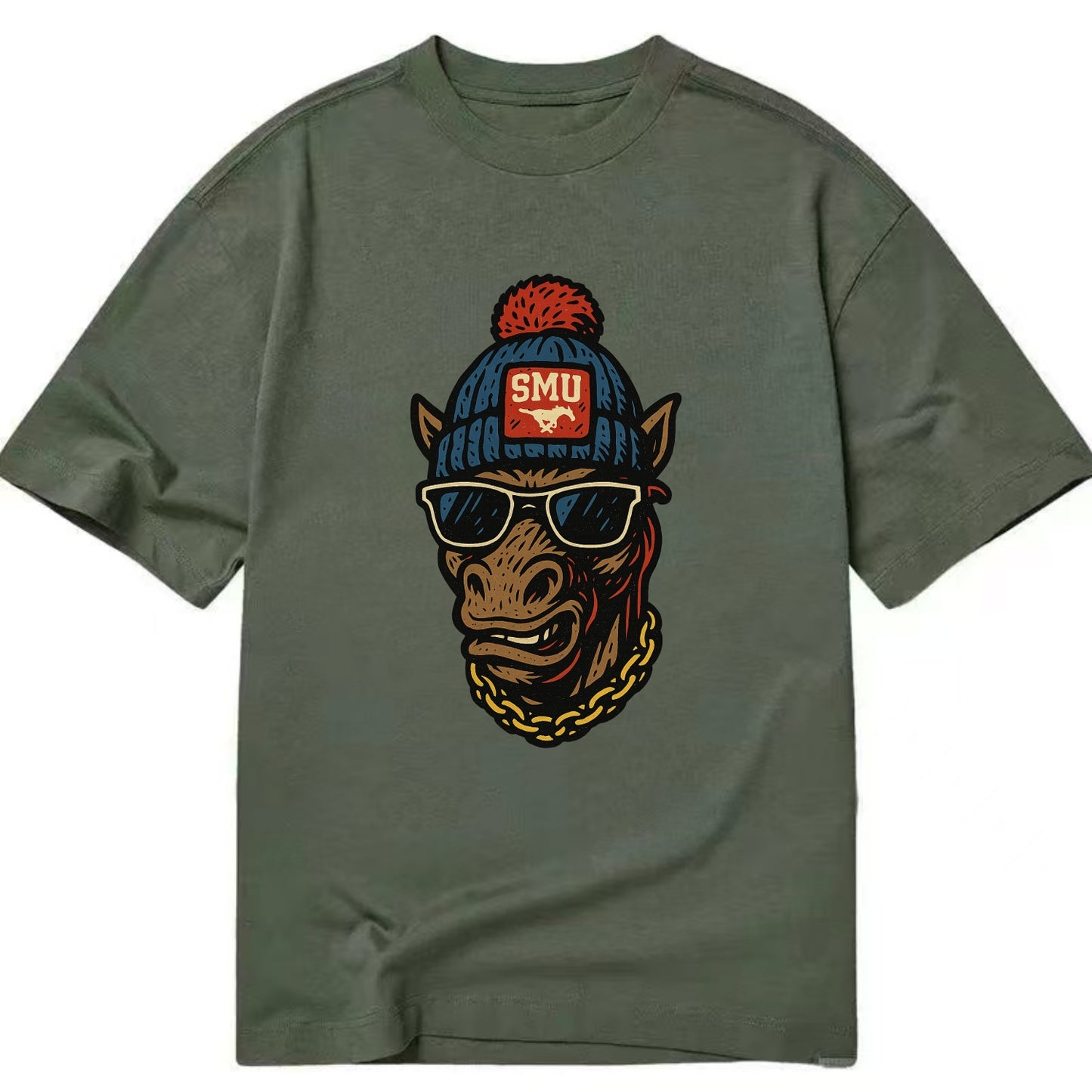 Dallas Mustang wearing SMU beanie with pony patch - Classic T-shirt - Army Green