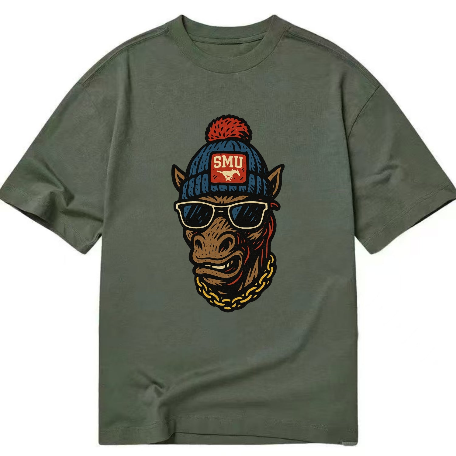 Dallas Mustang wearing SMU beanie with pony patch - Classic T-shirt - Army Green
