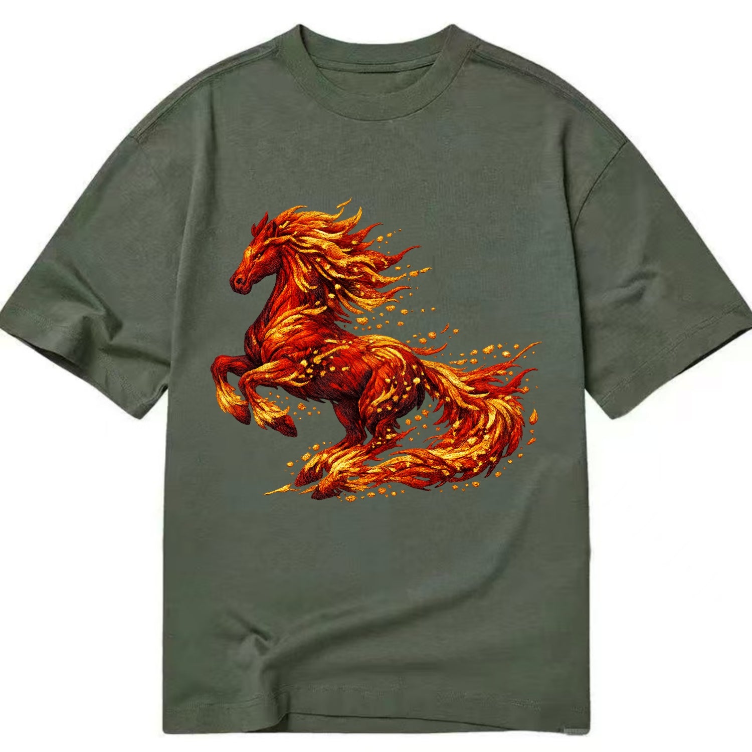 EMBER RISING | Sparks forming into horse shape | Particles of fire | Energy - Classic T-shirt - Army Green