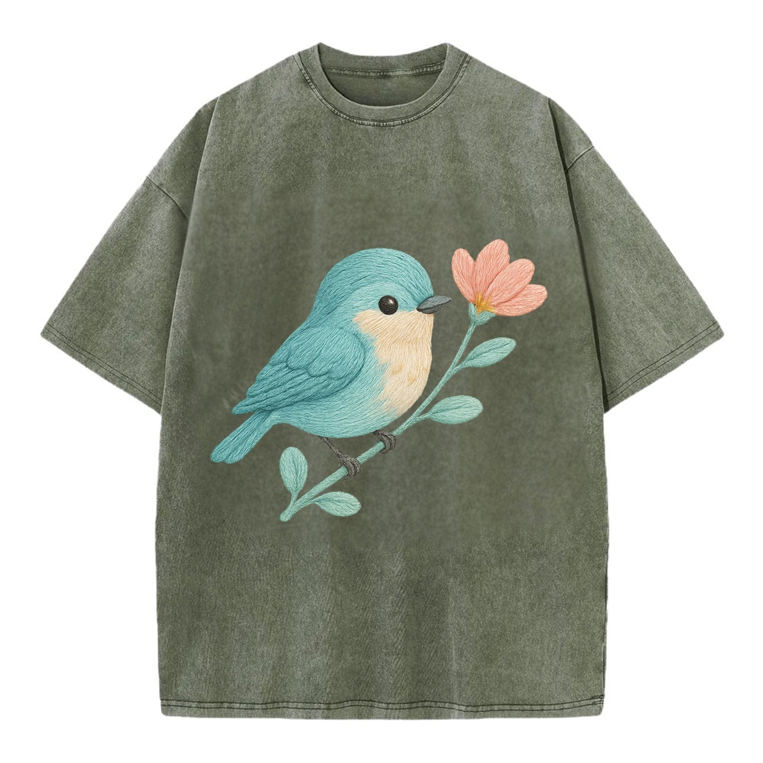 Aqua Chickadee - Vintage T-shirt - Army Green