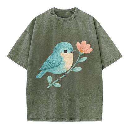 Aqua Chickadee - Vintage T-shirt - Army Green
