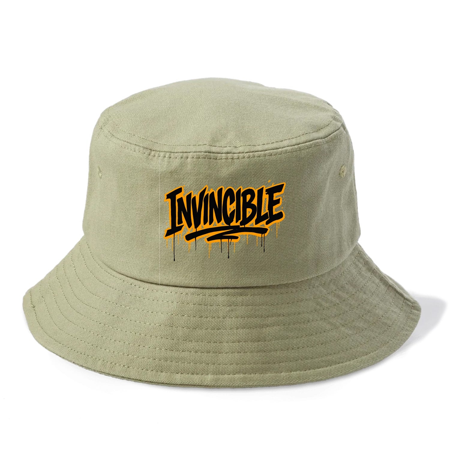 Bold typography design - "INVINCIBLE" - cannot be defeated, unconquerable - Bucket Hat - Army Green