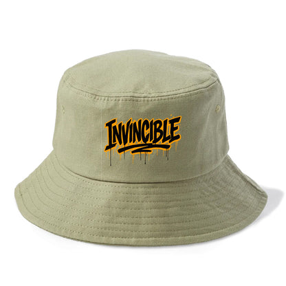 Bold typography design - "INVINCIBLE" - cannot be defeated, unconquerable - Bucket Hat - Army Green