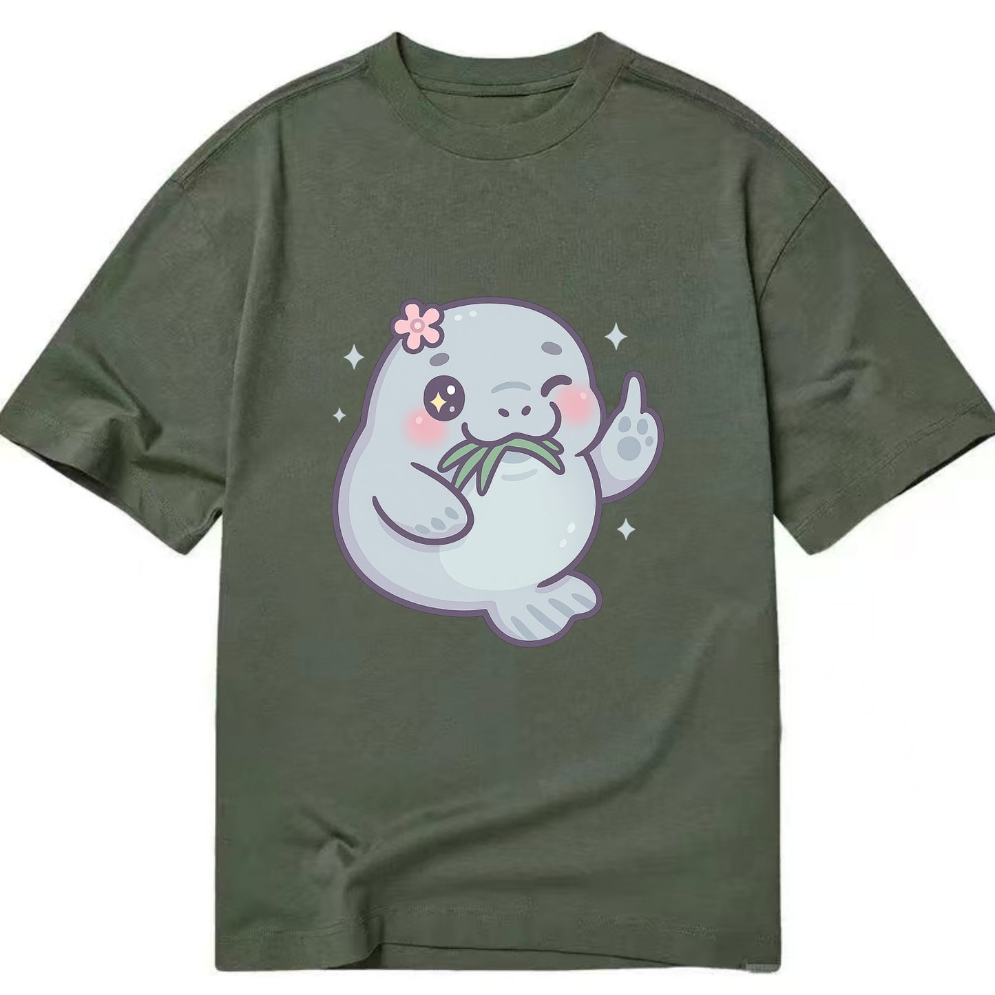 chubby manatee munching on seagrass, one flipper raised with sass - Classic T-shirt - Army Green
