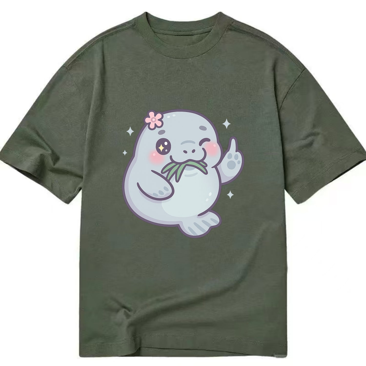 chubby manatee munching on seagrass, one flipper raised with sass - Classic T-shirt - Army Green