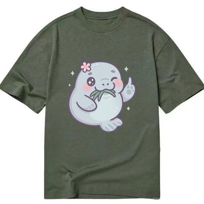 chubby manatee munching on seagrass, one flipper raised with sass - Classic T-shirt - Army Green