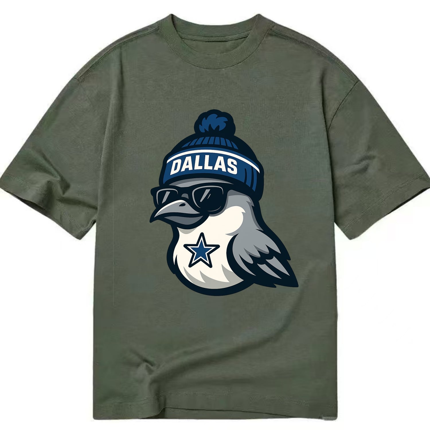 Dallas Mockingbird wearing Cowboys beanie with sheriff star and wayfarer - Classic T-shirt - Army Green