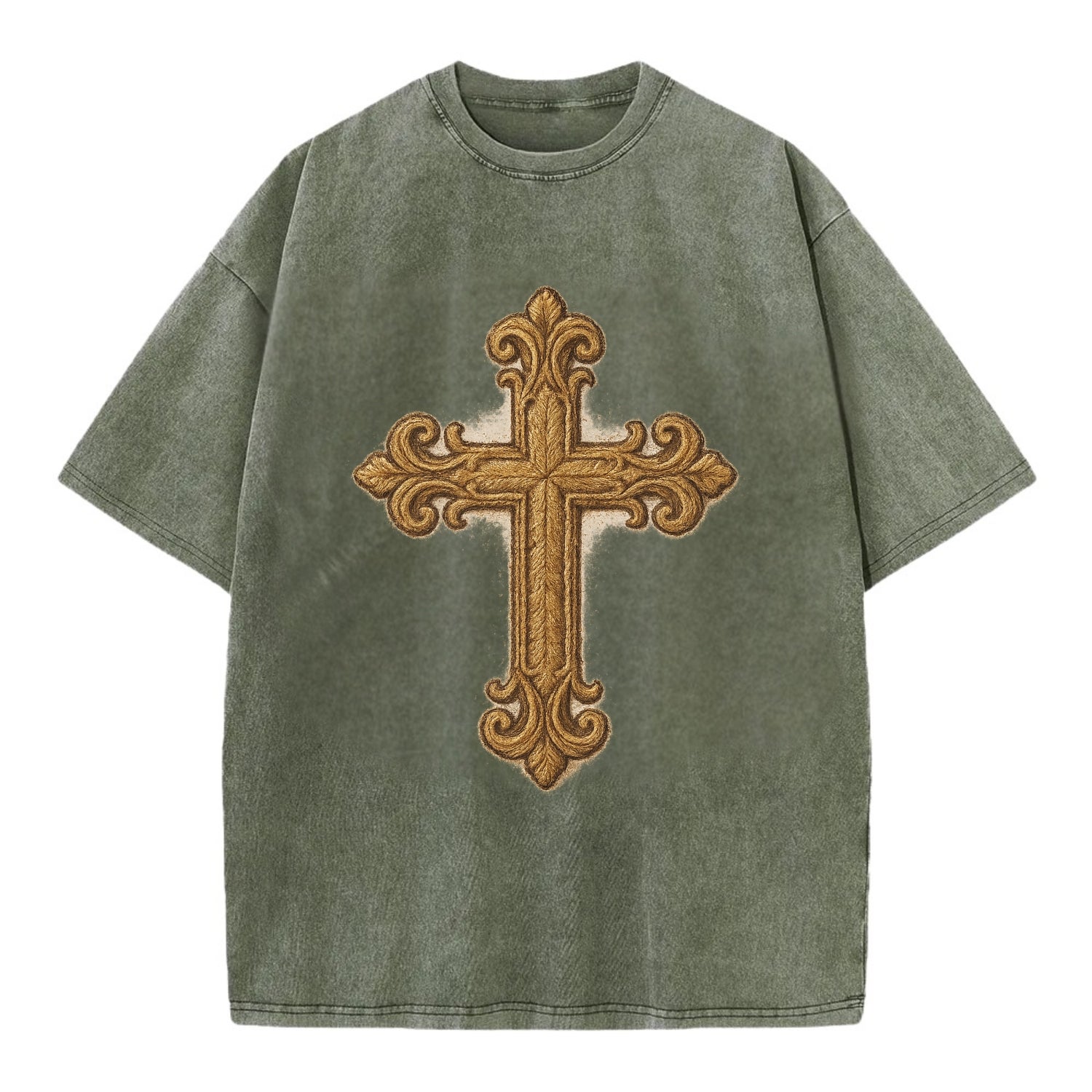 Baroque Cross  - Vintage T-shirt - Army Green