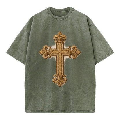 Baroque Cross  - Vintage T-shirt - Army Green