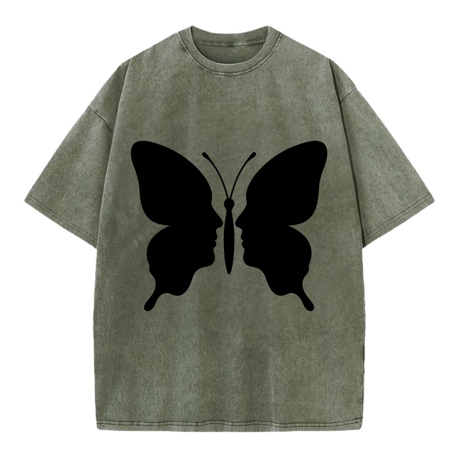 Butterfly wings - negative space reveals hidden faces or patterns - Vintage T-shirt - Army Green