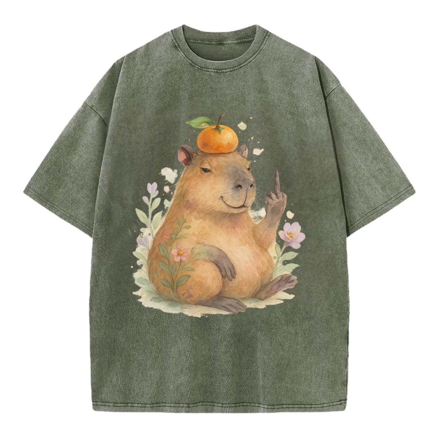 chonky capybara relaxing with orange on head, one webbed middle finger up - Vintage T-shirt - Army Green