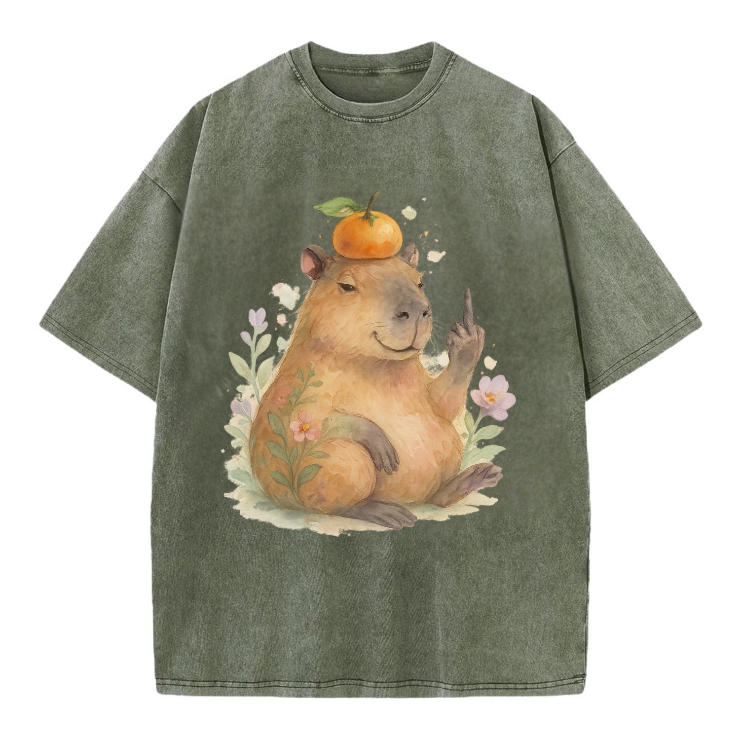chonky capybara relaxing with orange on head, one webbed middle finger up - Vintage T-shirt - Army Green