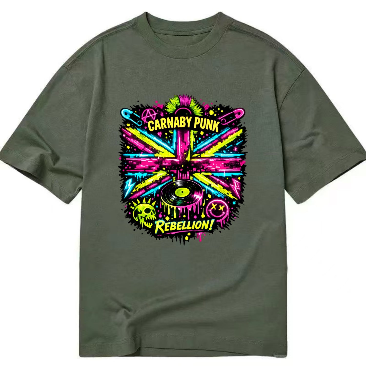 CARNABY PUNK | Swinging 60s meets 70s punk | Psychedelic Union Jack pattern | - Classic T-shirt - Army Green