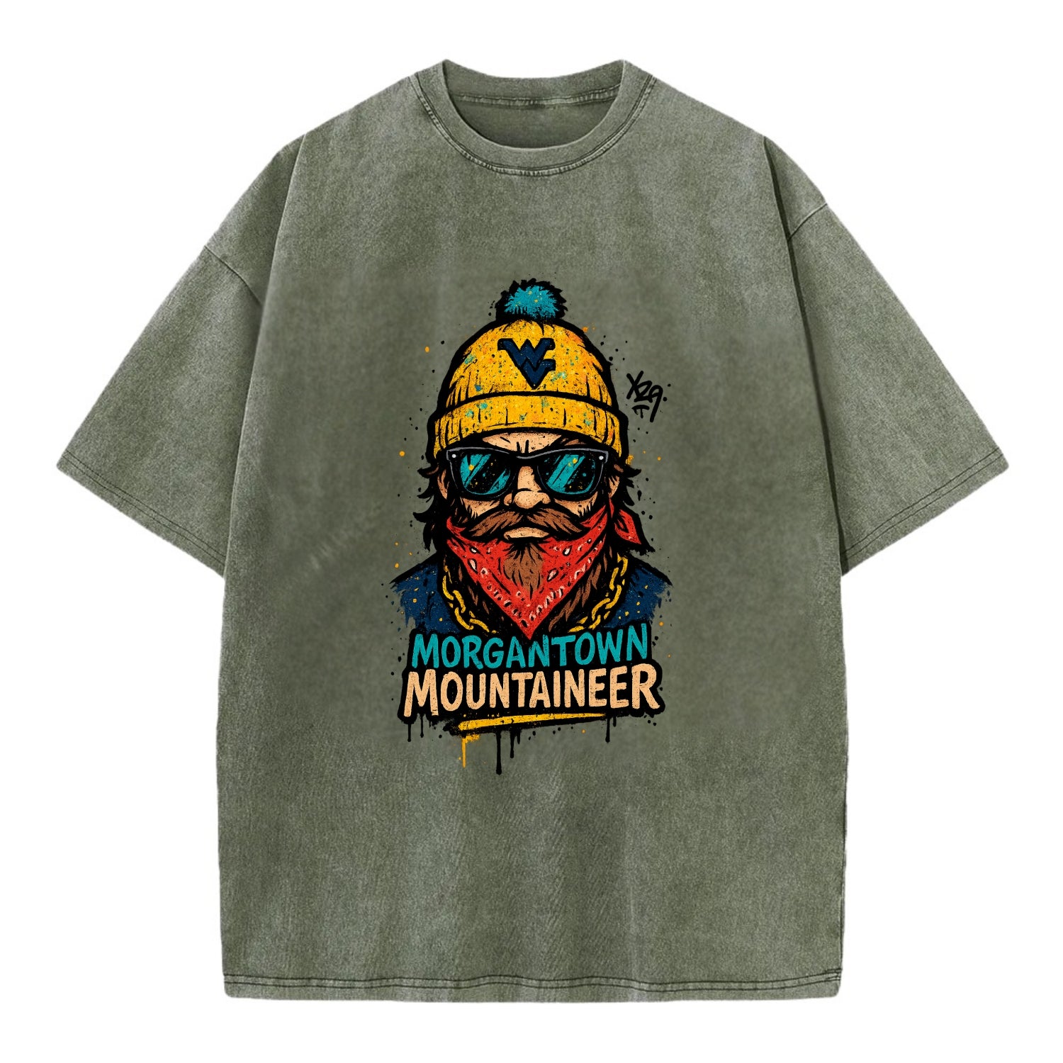 Morgantown Mountaineer wearing West Virginia beanie with WV patch - Vintage T-shirt - Army Green