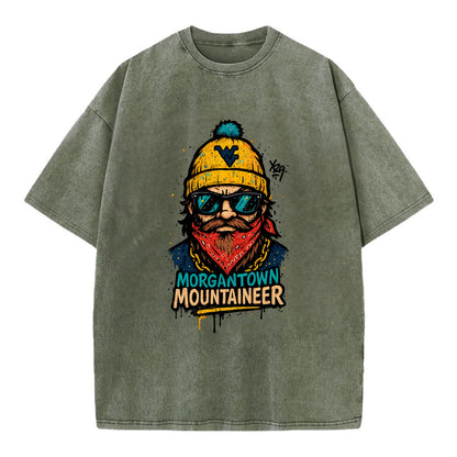 Morgantown Mountaineer wearing West Virginia beanie with WV patch - Vintage T-shirt - Army Green