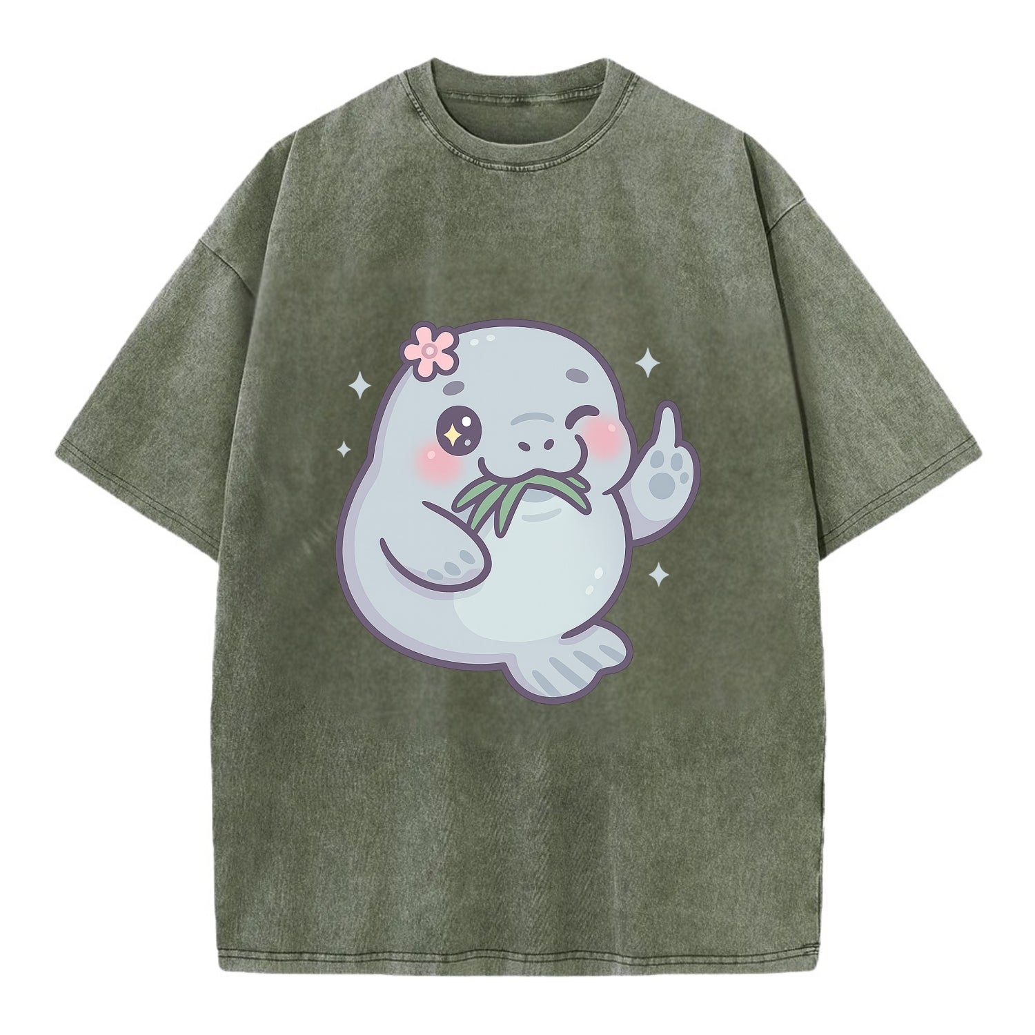 chubby manatee munching on seagrass, one flipper raised with sass - Vintage T-shirt - Army Green