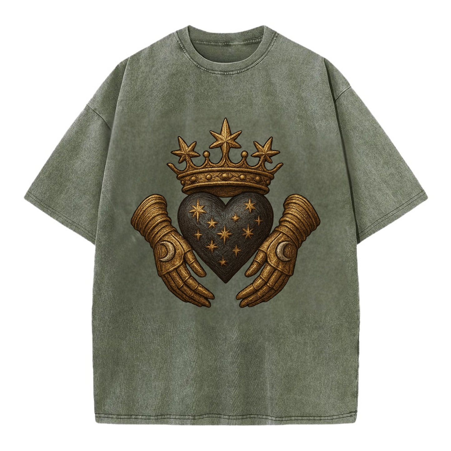 Ice crystal crown framing a frosted heart with fur-trimmed winter hands embracing - Vintage T-shirt - Army Green