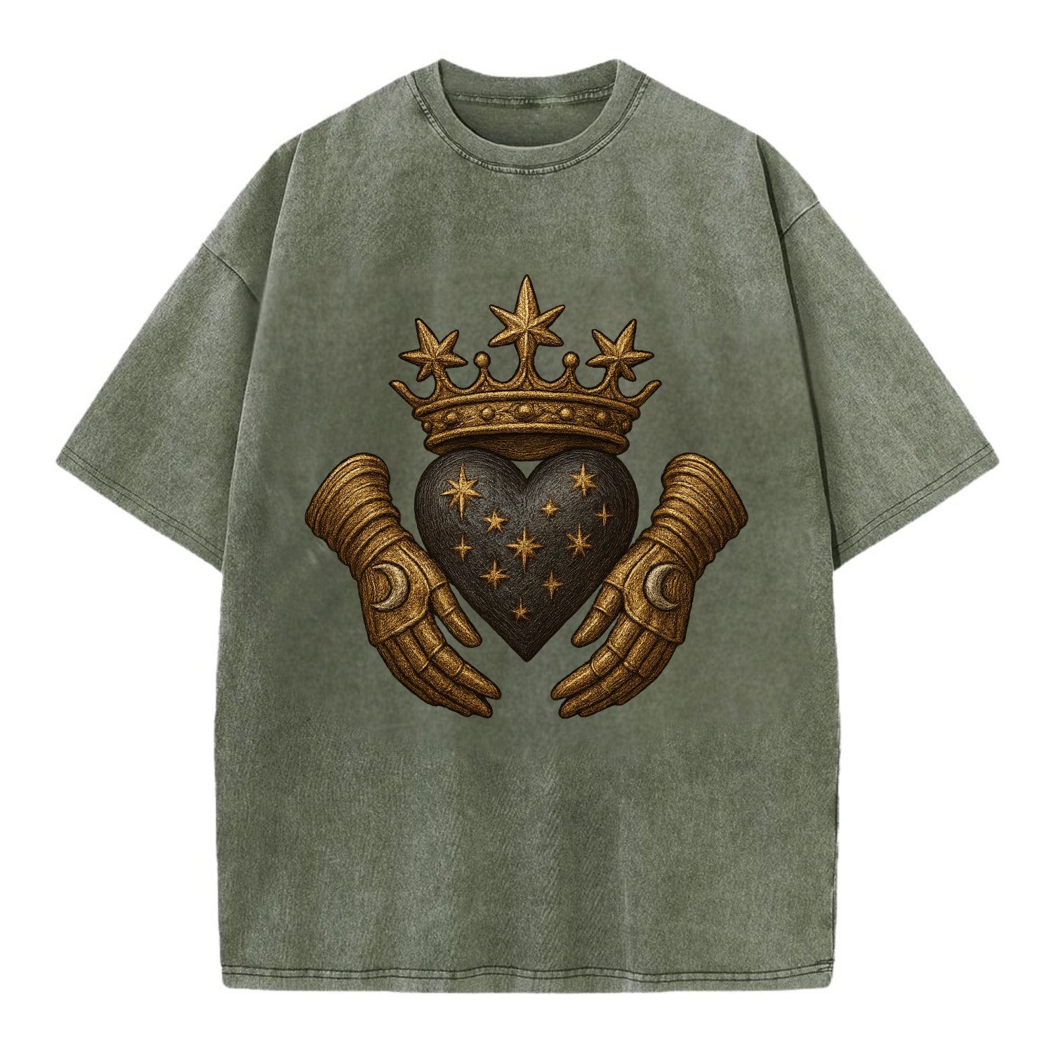 Ice crystal crown framing a frosted heart with fur-trimmed winter hands embracing - Vintage T-shirt - Army Green
