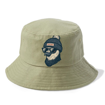 Chicago Pigeon wearing Chicago beanie with pom pom and wayfarer sunglasses - Bucket Hat - Army Green