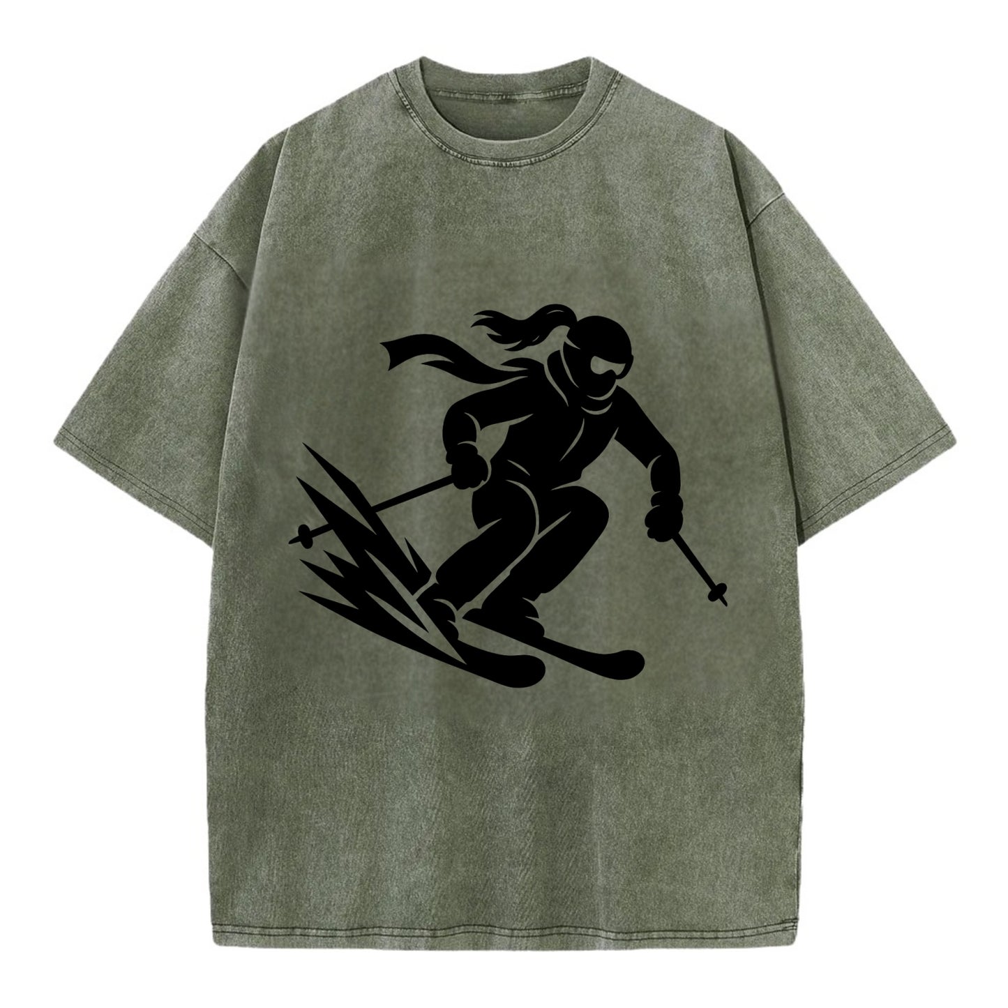 Skier carving down snowy slope - Vintage T-shirt - Army Green