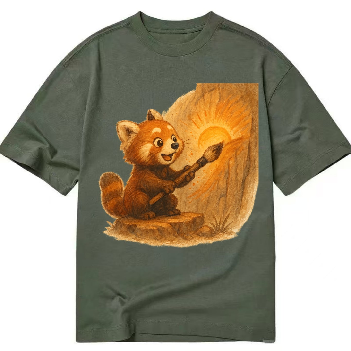 Red panda painting a sunrise mural with an oversized calligraphy brush on a cliff - Classic T-shirt - Army Green
