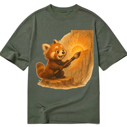 Red panda painting a sunrise mural with an oversized calligraphy brush on a cliff - Classic T-shirt - Army Green