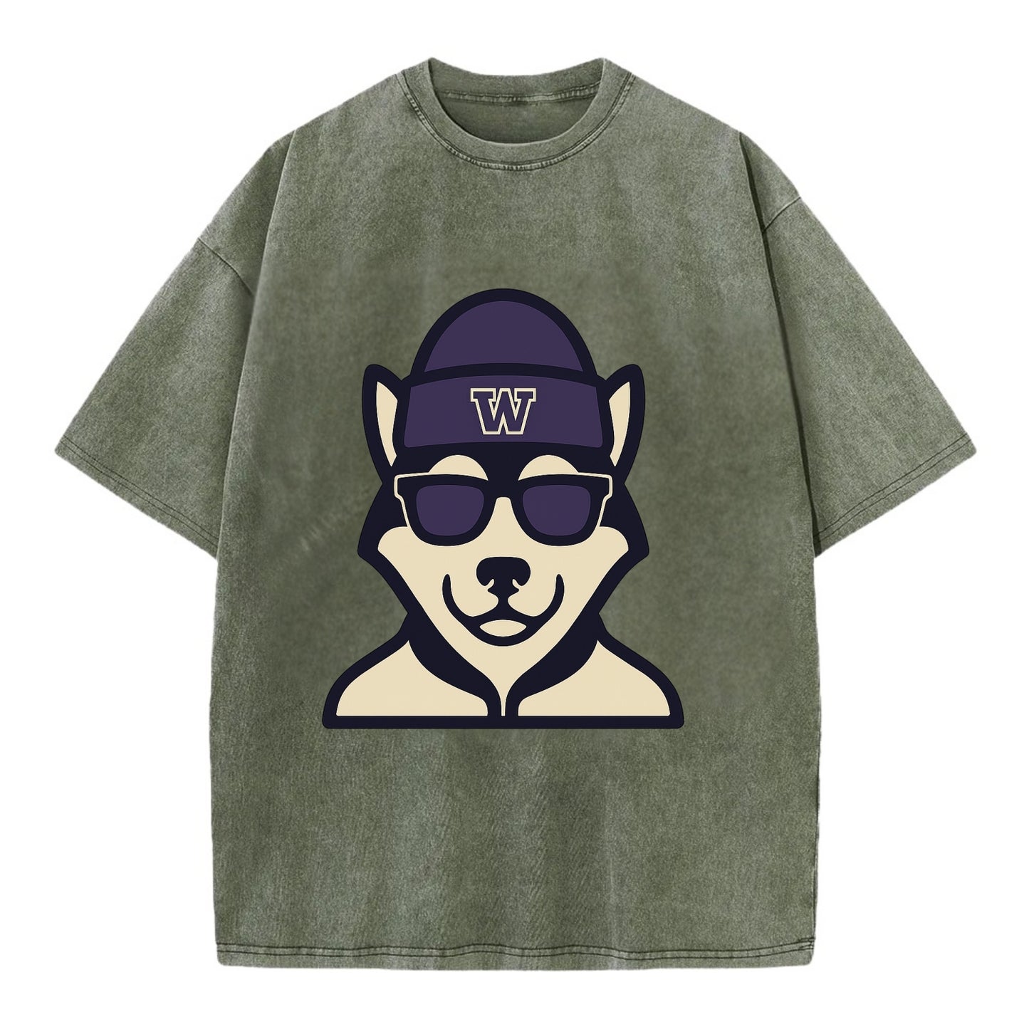 Seattle Husky wearing Washington beanie with W patch - Vintage T-shirt - Army Green