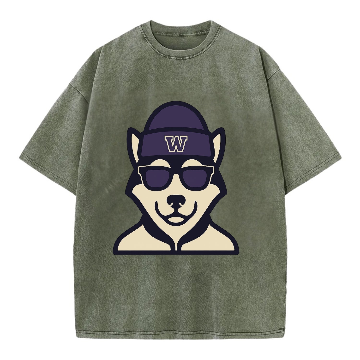 Seattle Husky wearing Washington beanie with W patch - Vintage T-shirt - Army Green