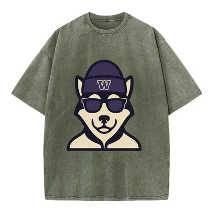 Seattle Husky wearing Washington beanie with W patch - Vintage T-shirt - Army Green