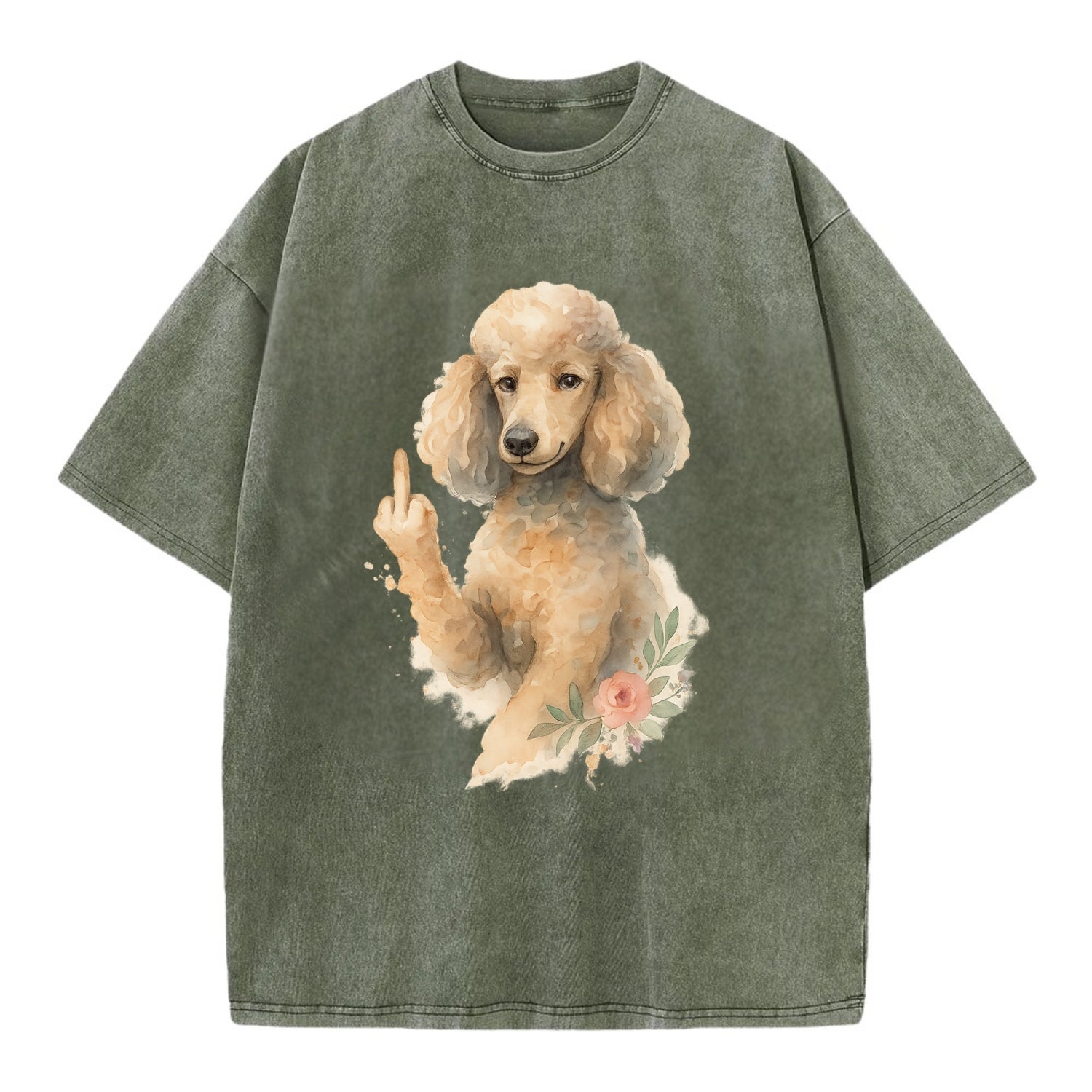 Standard Poodle with curly styled coat, intelligent face, fancy paw giving finger - Vintage T-shirt - Army Green