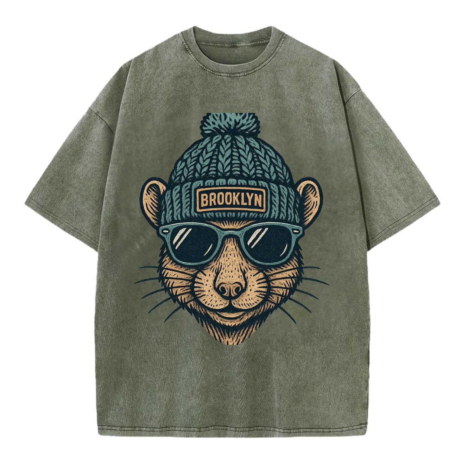 NYC Rat wearing Brooklyn beanie with pom pom and wayfarer sunglasses - Vintage T-shirt - Army Green