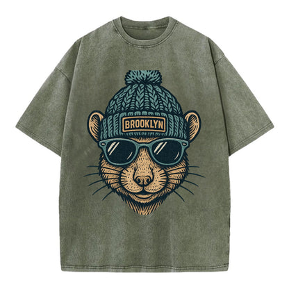 NYC Rat wearing Brooklyn beanie with pom pom and wayfarer sunglasses - Vintage T-shirt - Army Green