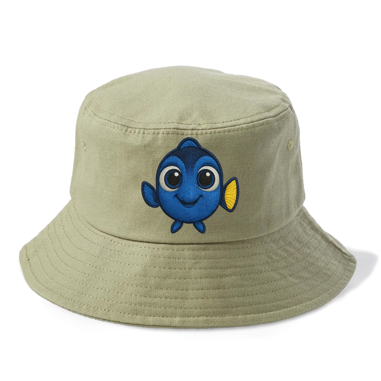Baby Blue Tang - bright blue with yellow tail, big eyes, front-facing, Dory-style - Bucket Hat - Army Green