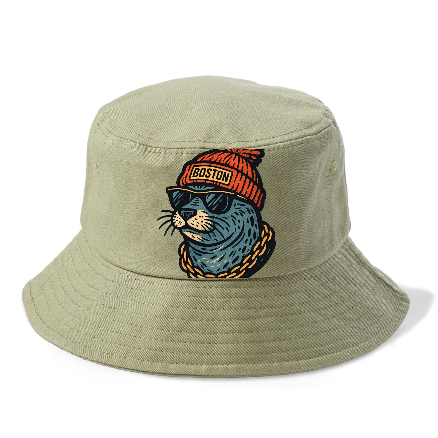 Boston Harbor Seal wearing Boston beanie with pom pom and wayfarer sunglasses - Bucket Hat - Army Green