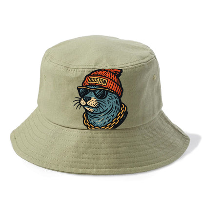 Boston Harbor Seal wearing Boston beanie with pom pom and wayfarer sunglasses - Bucket Hat - Army Green