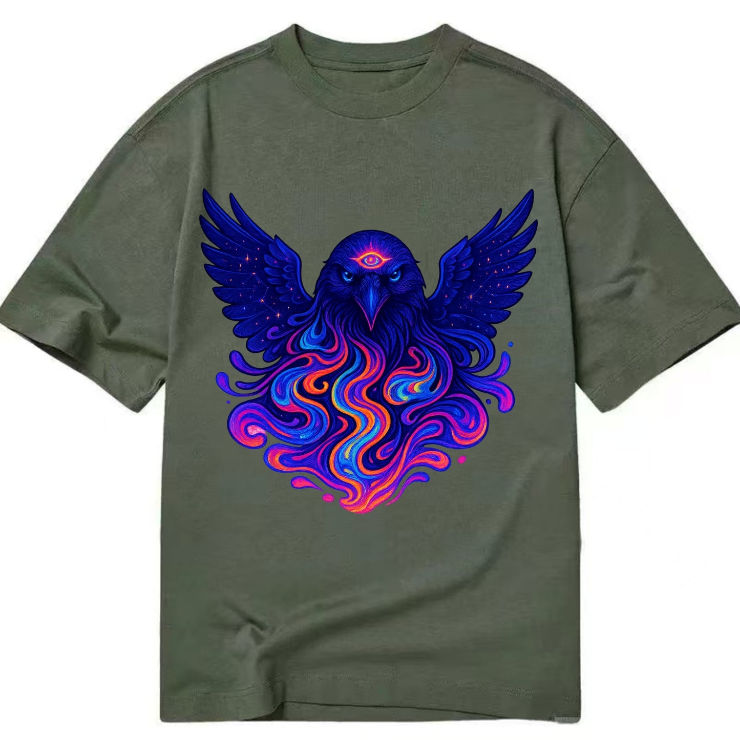 Mysterious raven with feathers showing future visions in neon colors, wings - Classic T-shirt - Army Green