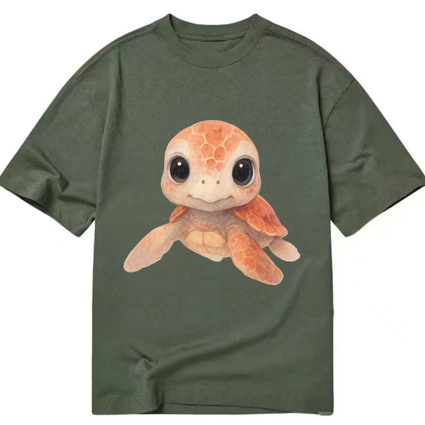 Baby Loggerhead Turtle - reddish-brown shell, big round dark eyes, chunky head, - Classic T-shirt - Army Green