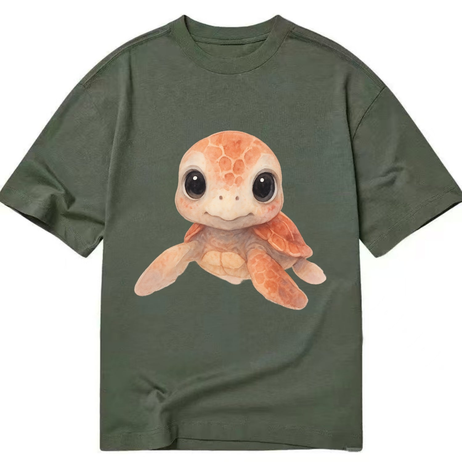 Baby Loggerhead Turtle - reddish-brown shell, big round dark eyes, chunky head, - Classic T-shirt - Army Green
