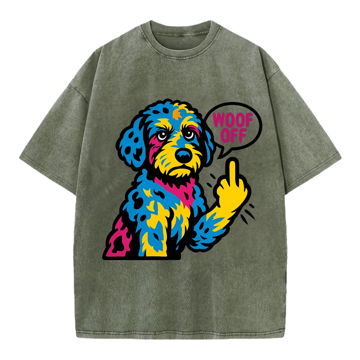 Aussiedoodle with merle patches and curly coat, playful smart paw raised - Vintage T-shirt - Army Green