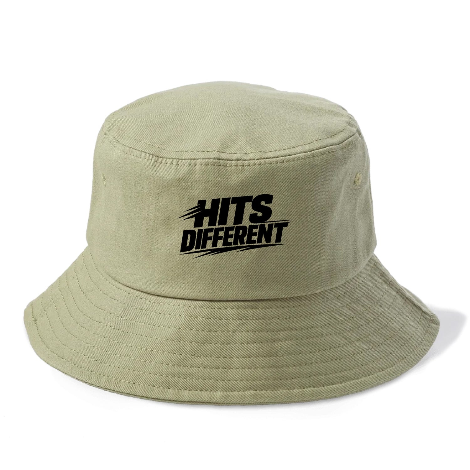 Bold typography design - "HITS DIFFERENT" - uniquely special, stands out - Bucket Hat - Army Green