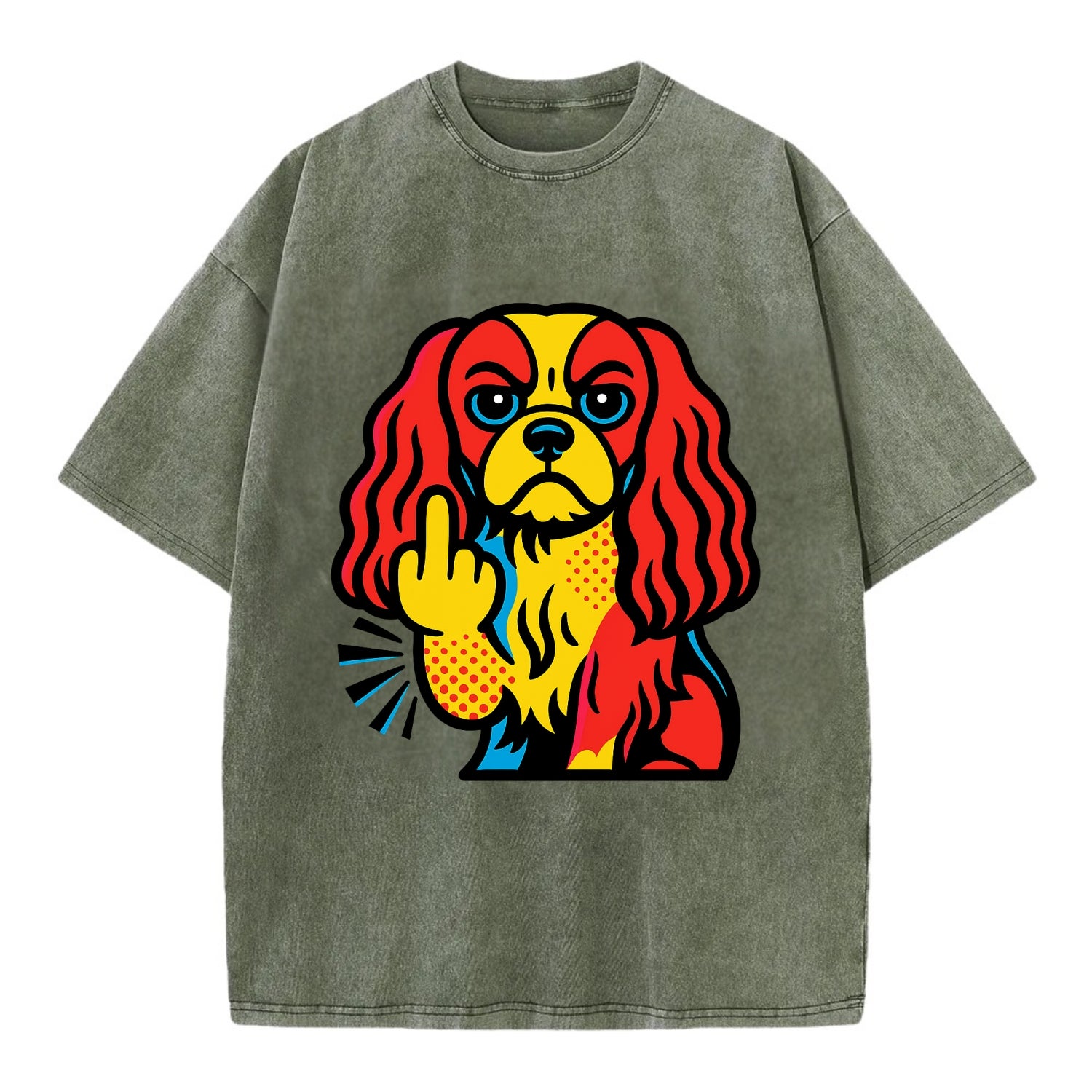 Cavalier King Charles Spaniel with long ears, regal paw giving finger - Vintage T-shirt - Army Green