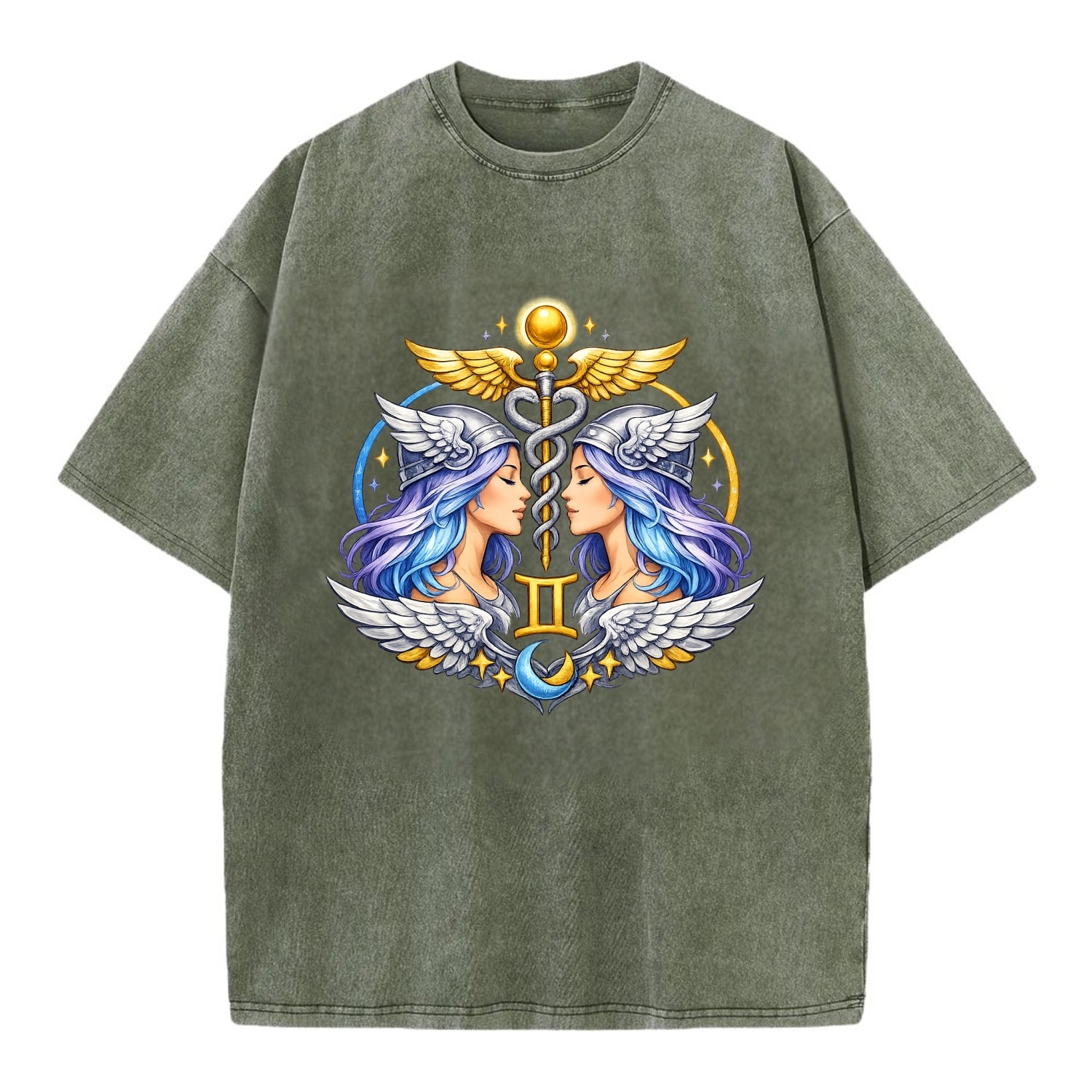 MERCURY WINGS | Winged messenger symbol | Caduceus staff | Swift communication | - Vintage T-shirt - Army Green